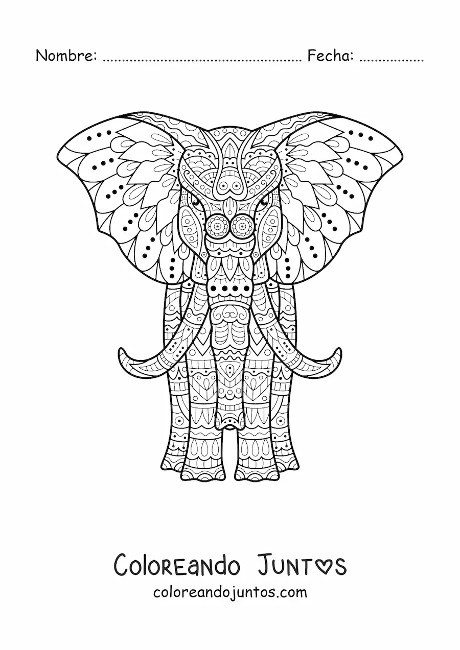 Imagen para colorear de un mandala de elefante de frente