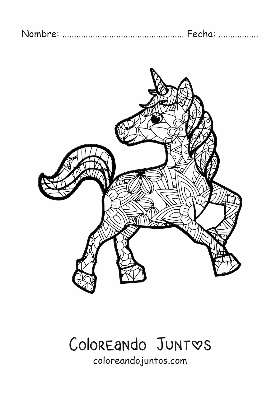 Imagen para colorear de un mandala de unicornio animado
