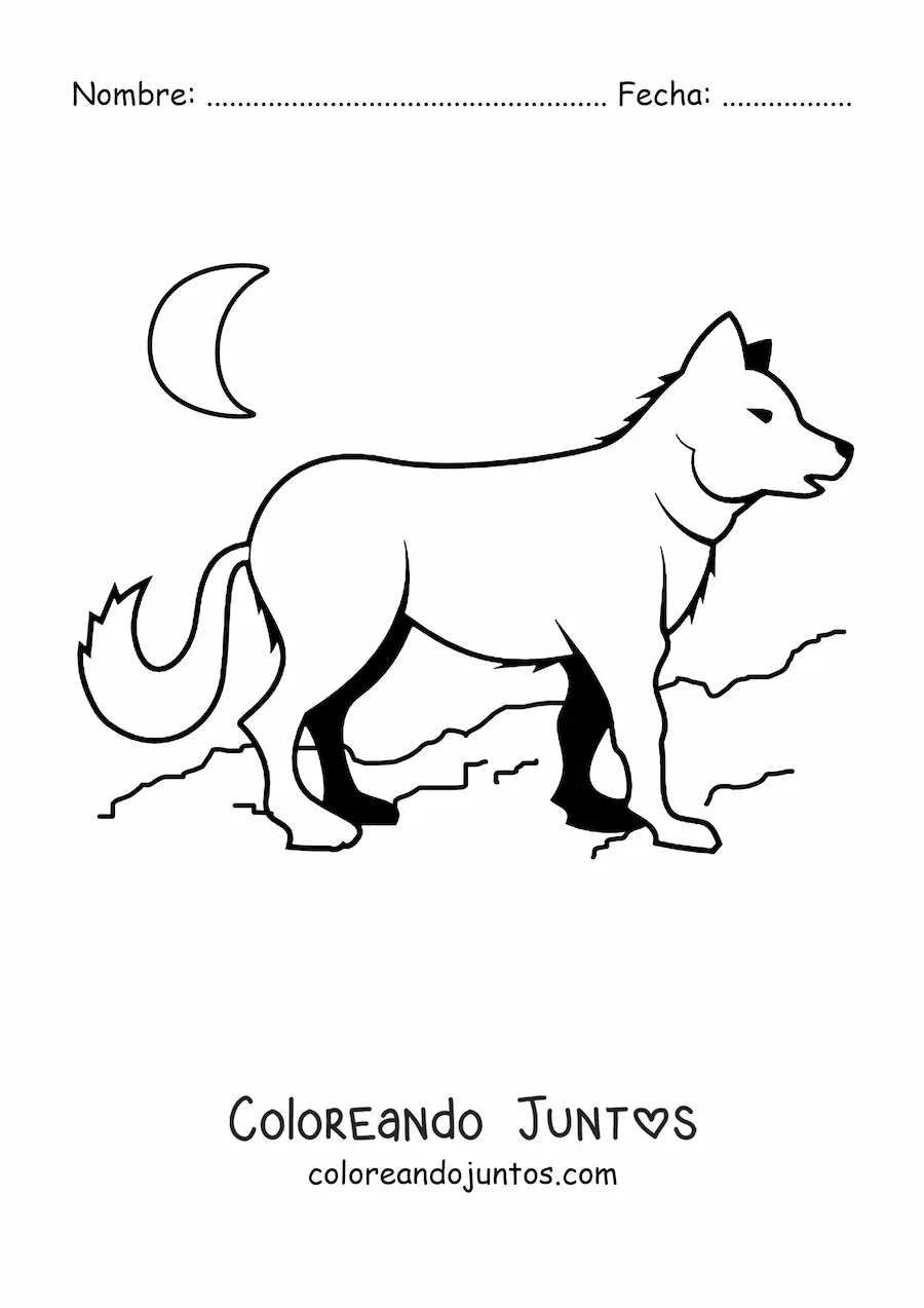 Imagen para colorear de un lobo y luna en el fondo
