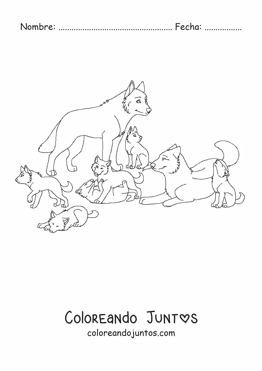 Imagen para colorear de una manada de lobos animados