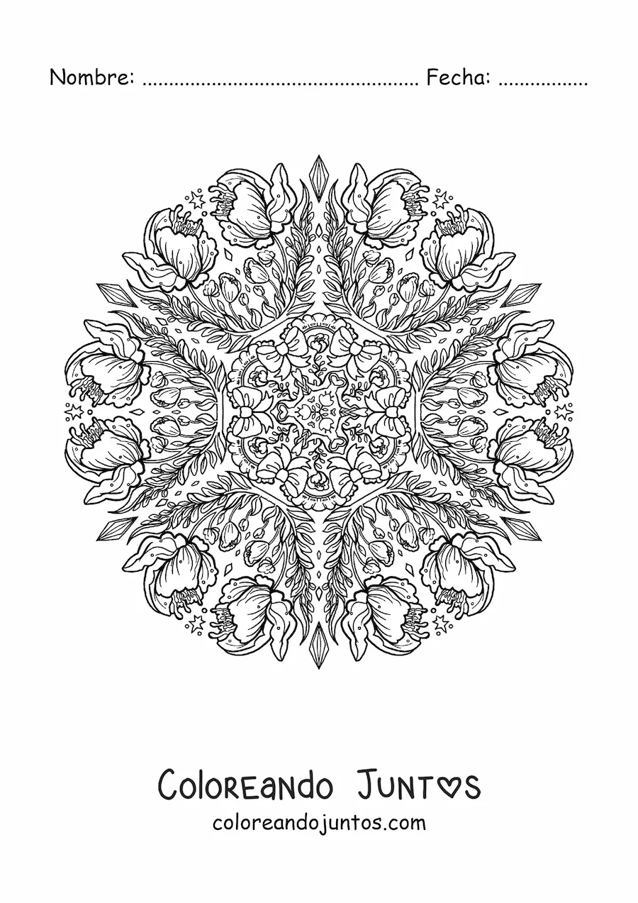 Imagen para colorear de un mandala de flores kawaii