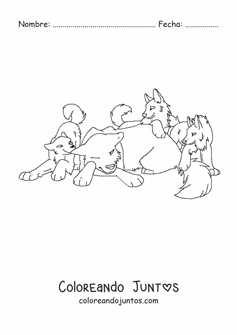 Imagen para colorear de una manada de cachorros de lobos animados