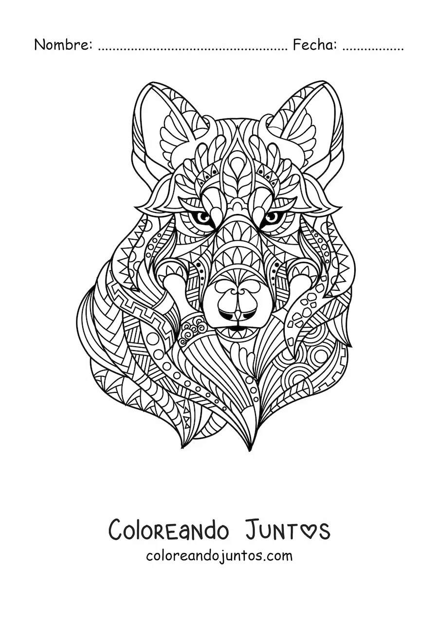 Imagen para colorear de un mandala con forma de cabeza de lobo