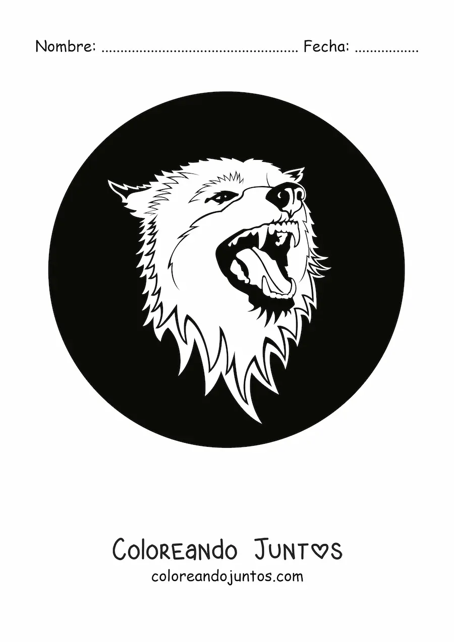 Imagen para colorear de una cabeza de lobo feroz dentro de un círculo