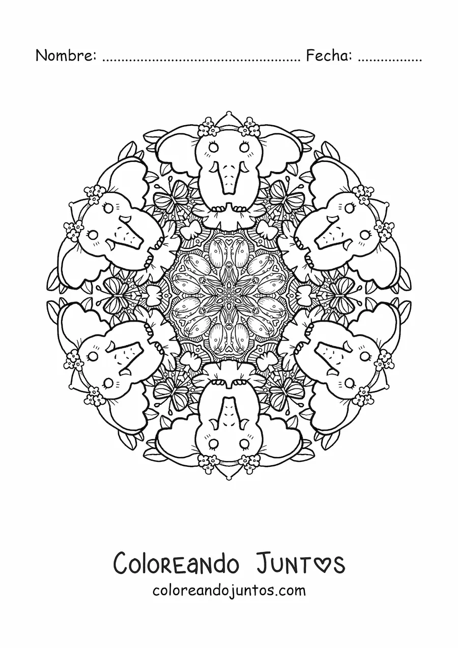 Imagen para colorear de mandala de elefantes para niños de primaria