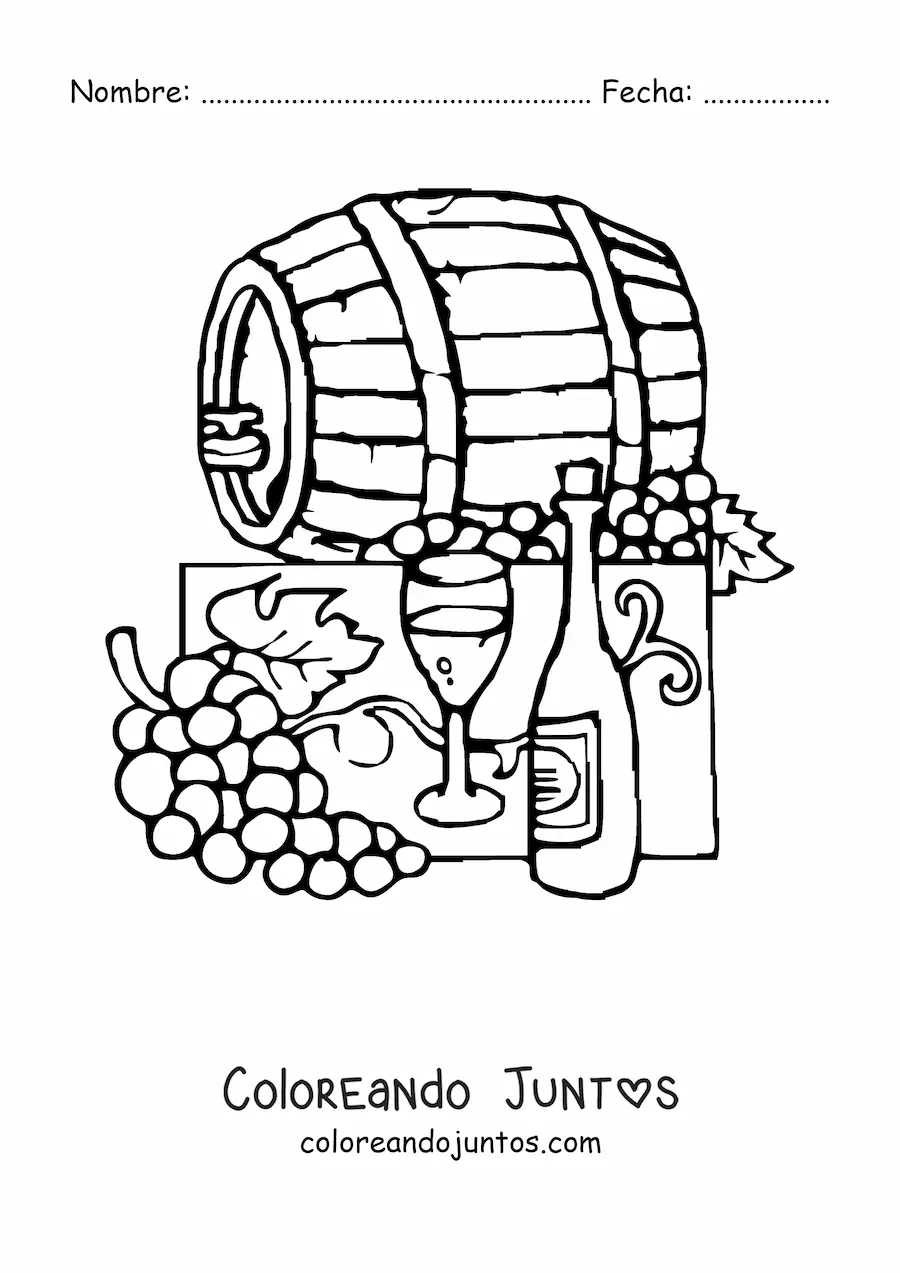 Imagen para colorear de varias uvas junto a un barril y una botella de vino