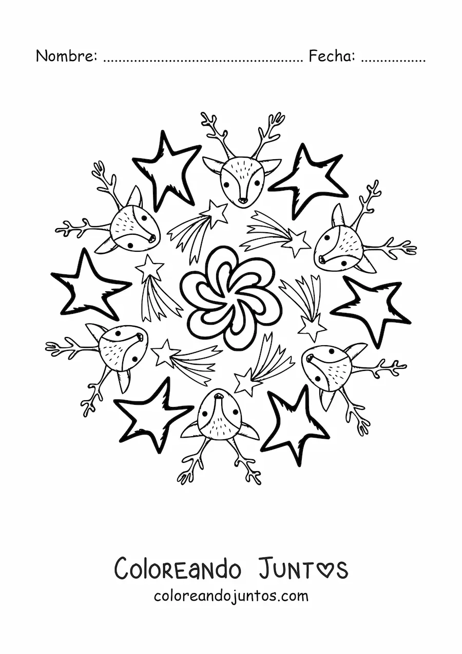 Imagen para colorear de mandala de renos y estrellas de Navidad para niños