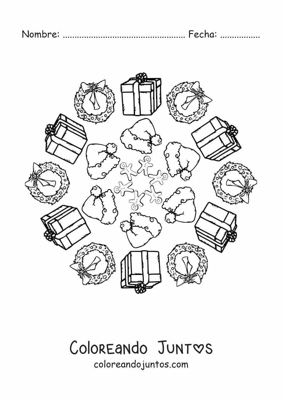 Imagen para colorear de mandala de regalos y gorros de Navidad para niños