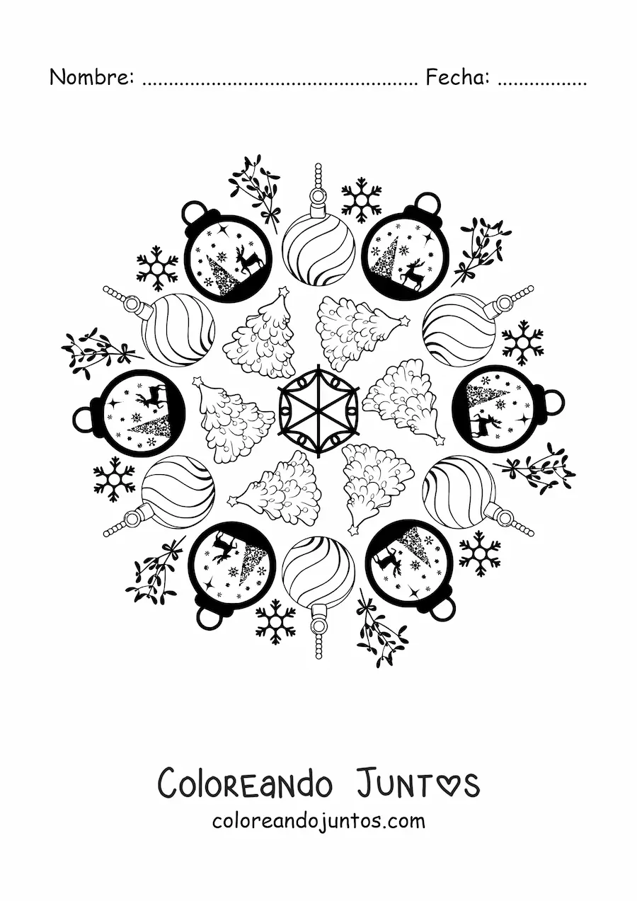 Imagen para colorear de mandala de bolas y árboles de Navidad para niños