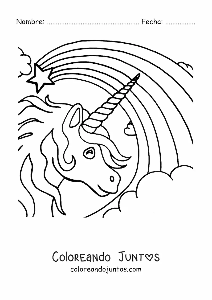 Imagen para colorear de la cabeza de un unicornio con un arcoíris de fondo