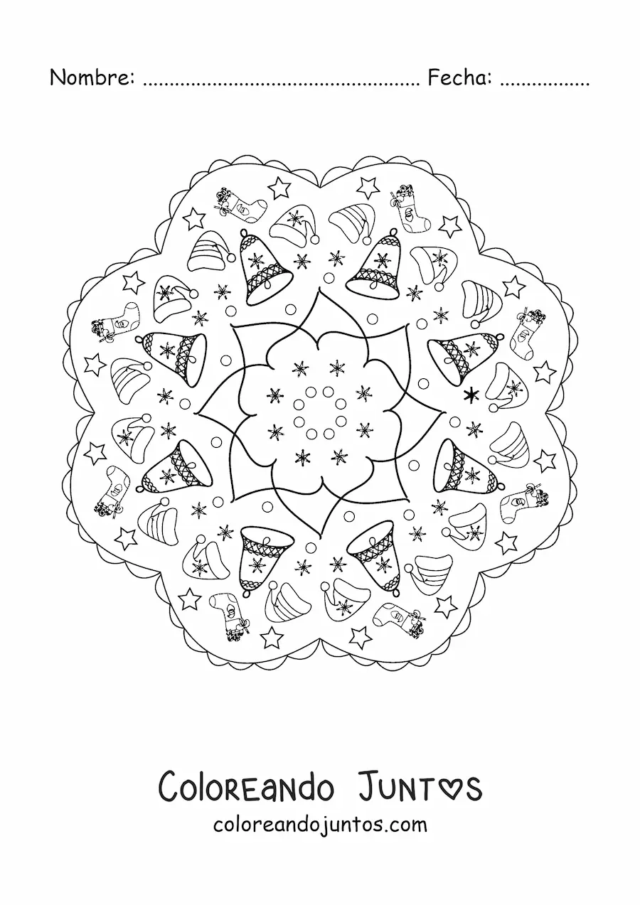Imagen para colorear de mandala de campanas de Navidad para niños