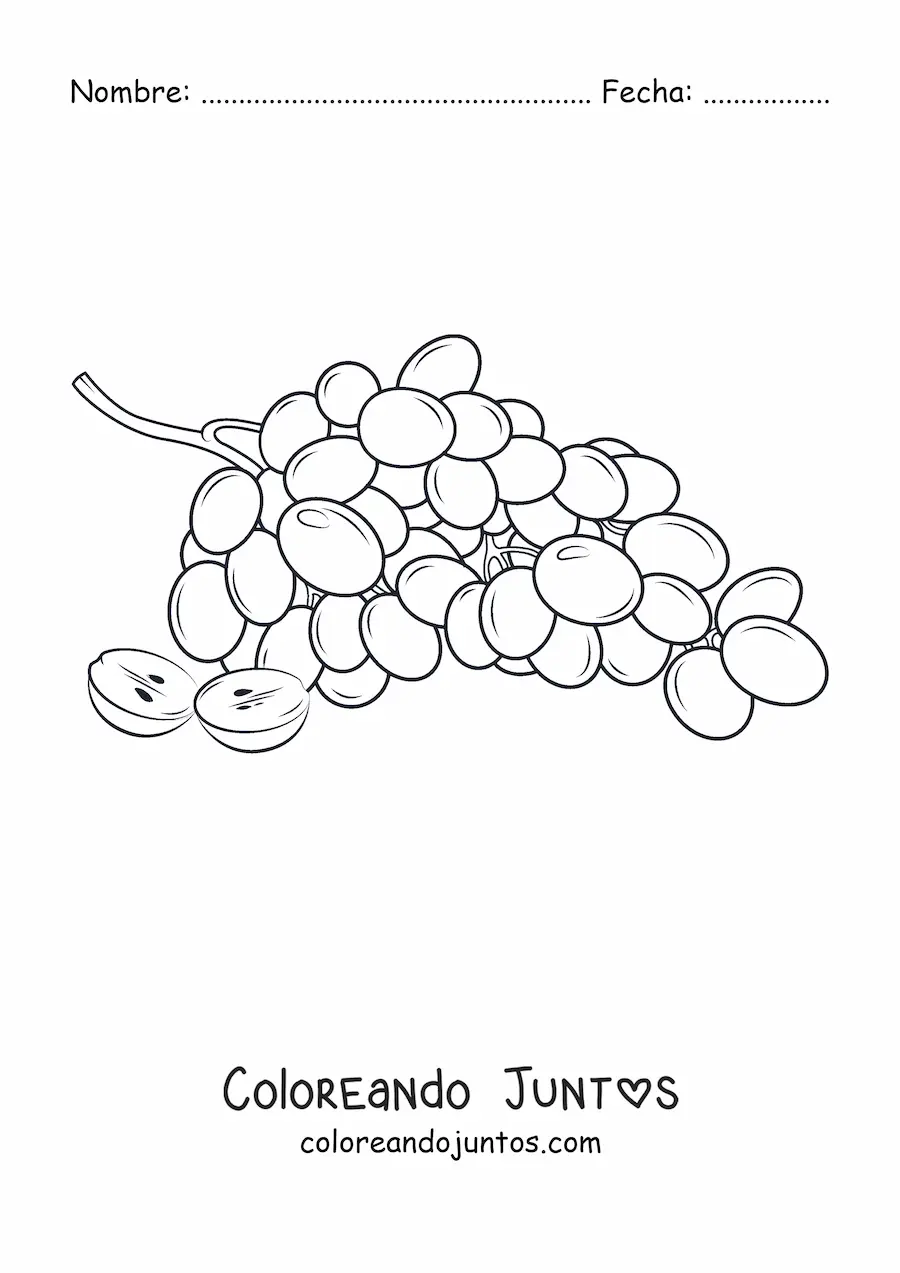 Imagen para colorear de un racimo de uvas con una uva cortada