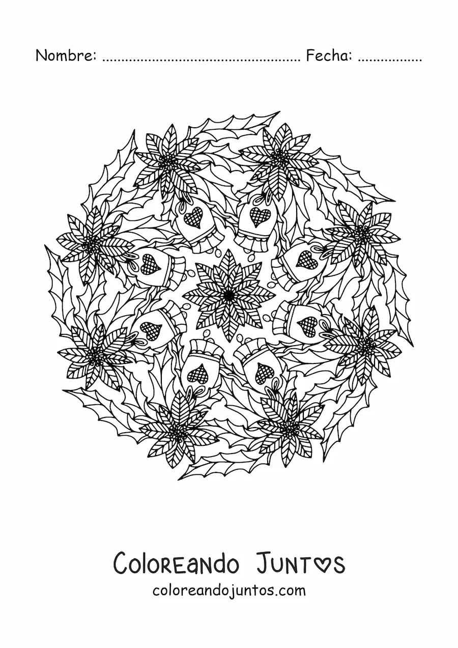 Imagen para colorear de mandala de Navidad con campanas y flores