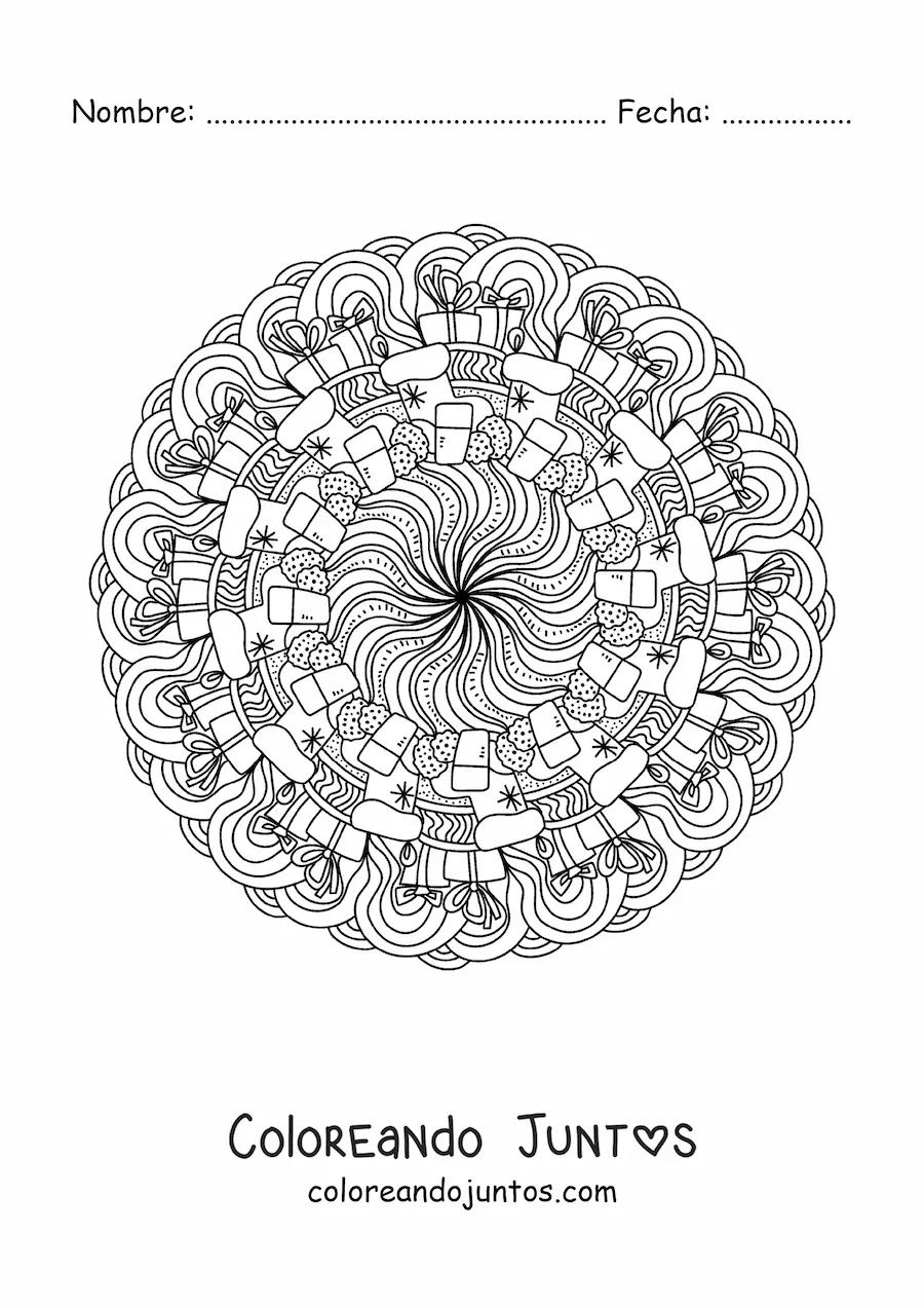 Imagen para colorear de mandala de Navidad con regalos