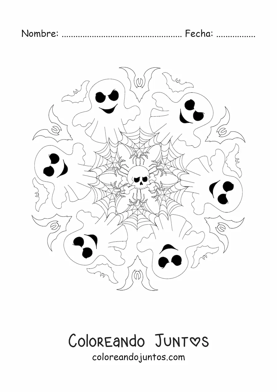 Imagen para colorear de mandala de Halloween con murciélagos y fantasmas