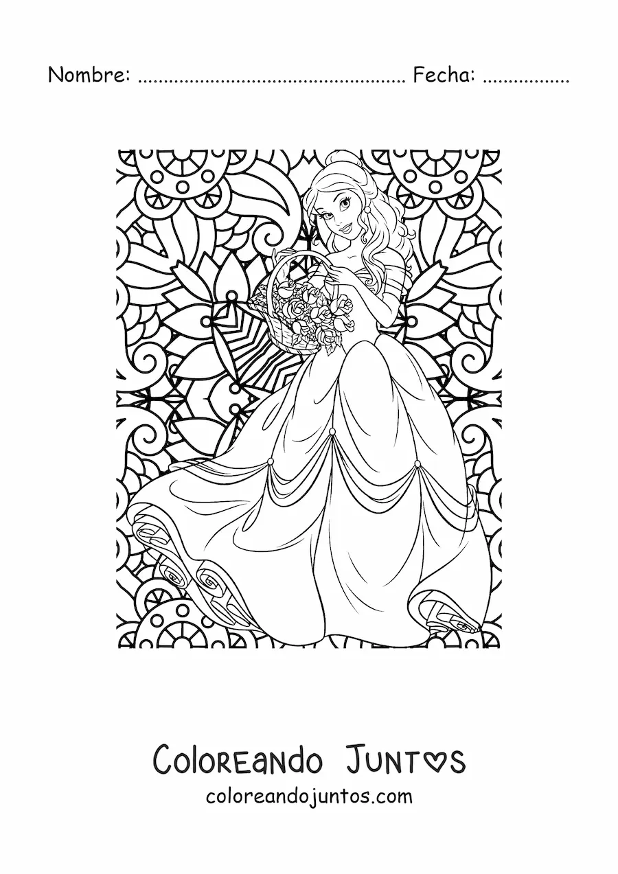 Imagen para colorear de mandala de la princesa Bella de Disney