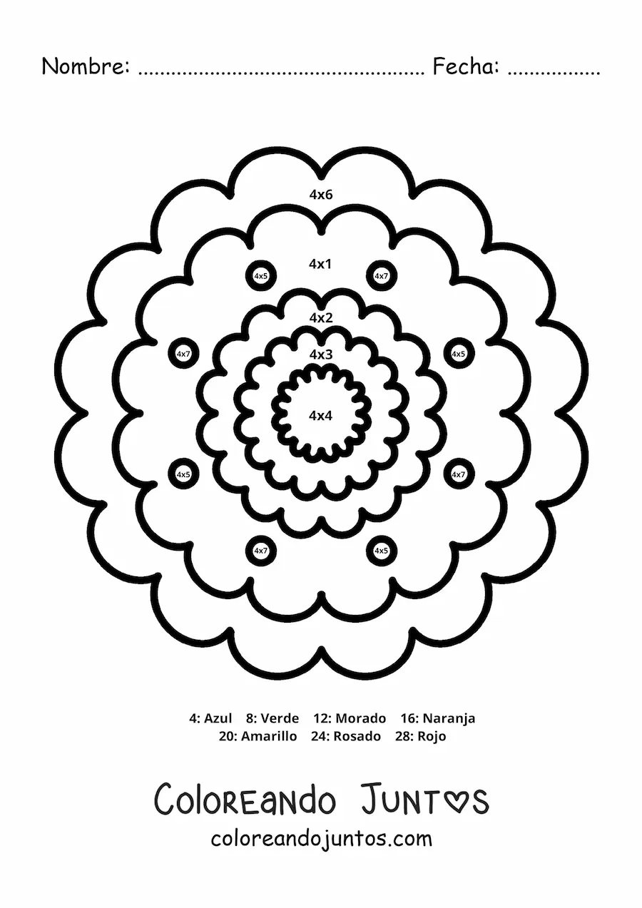 Imagen para colorear de mandala de multiplicación del número 4