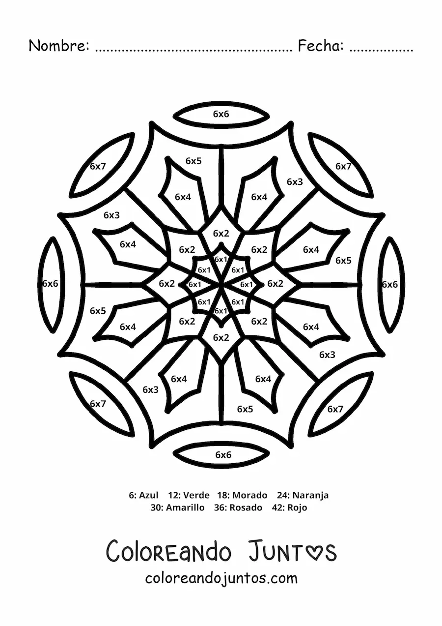 Imagen para colorear de mandala de multiplicación del número 6