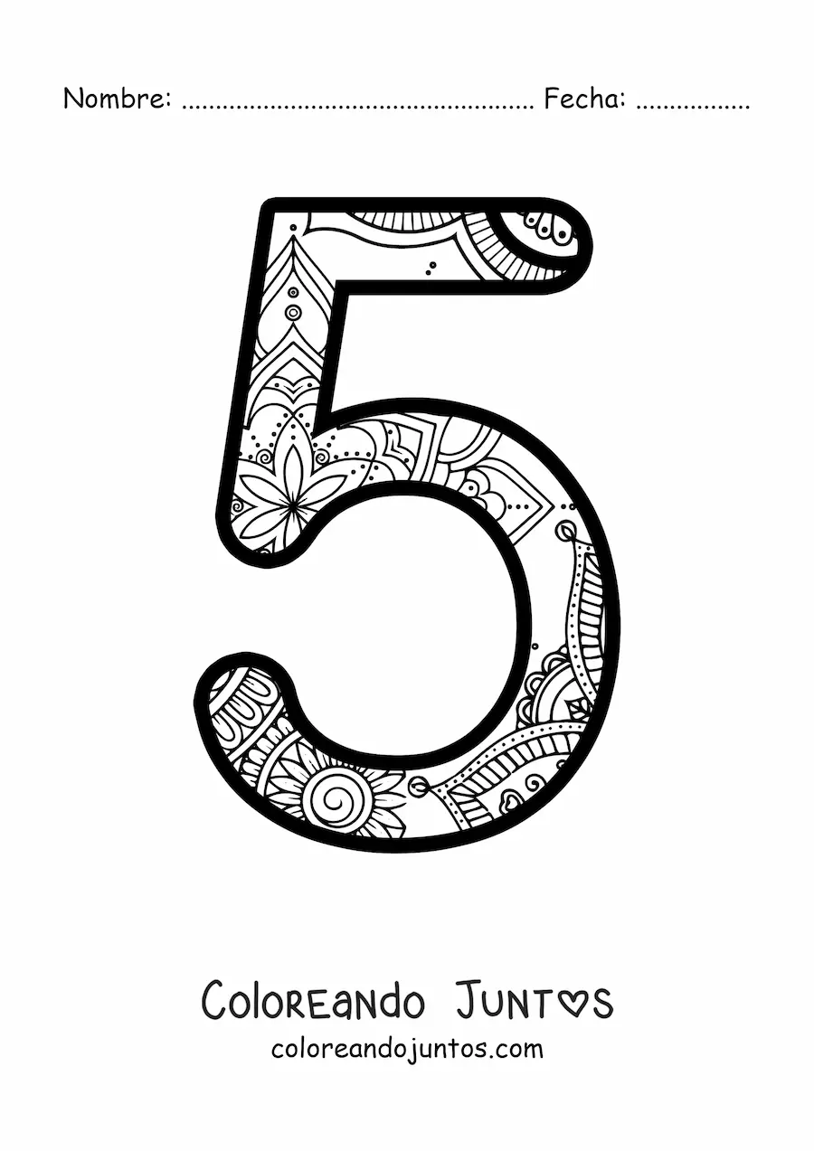 Imagen para colorear de mandala del número 5