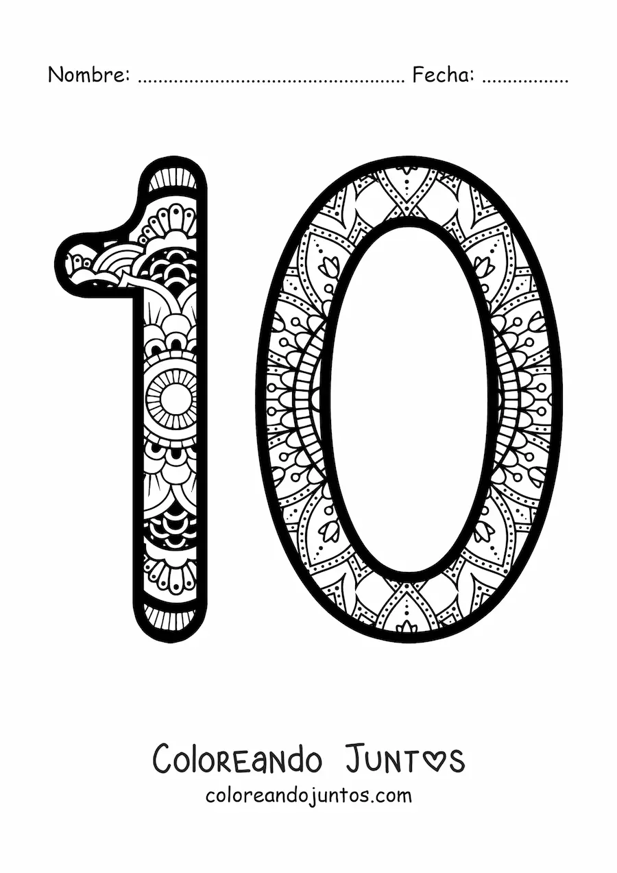Imagen para colorear de mandala del número 10
