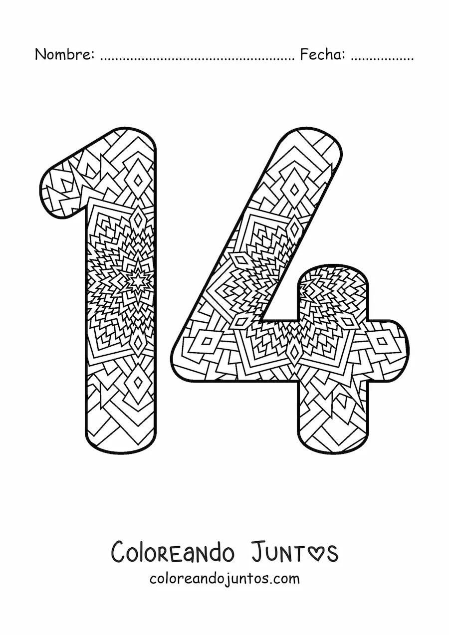 Imagen para colorear de mandala del número 14