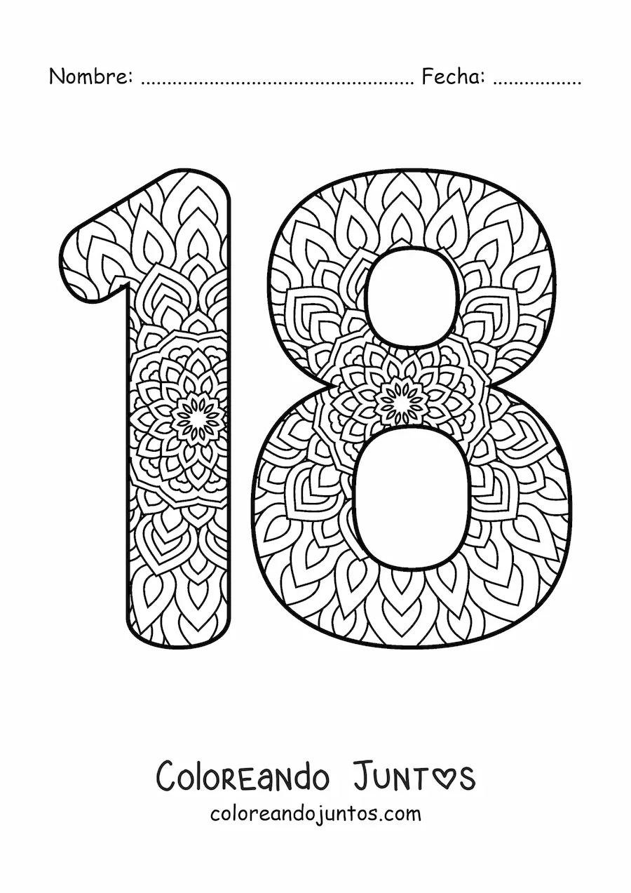 Imagen para colorear de mandala del número 18