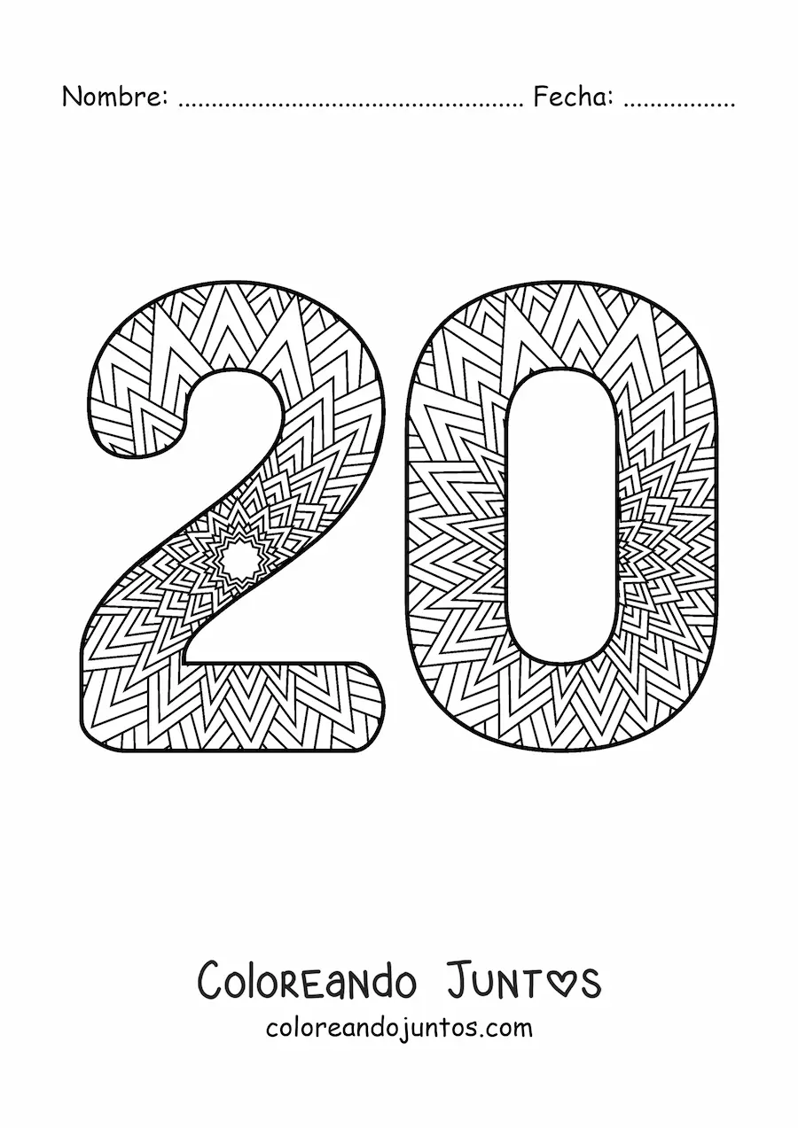 Imagen para colorear de mandala del número 20