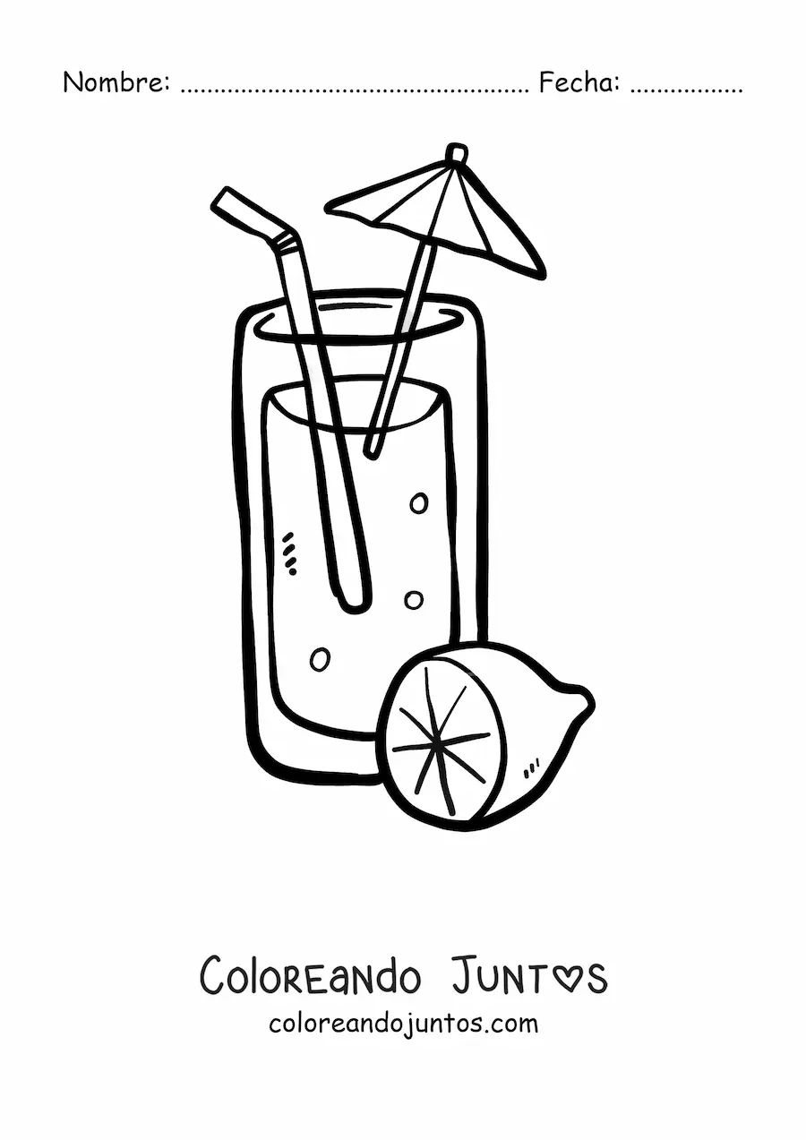 Imagen para colorear de un vaso con limonada y con una sombrilla