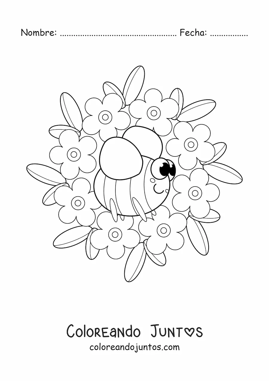 Imagen para colorear de mandala kawaii de abeja y flores