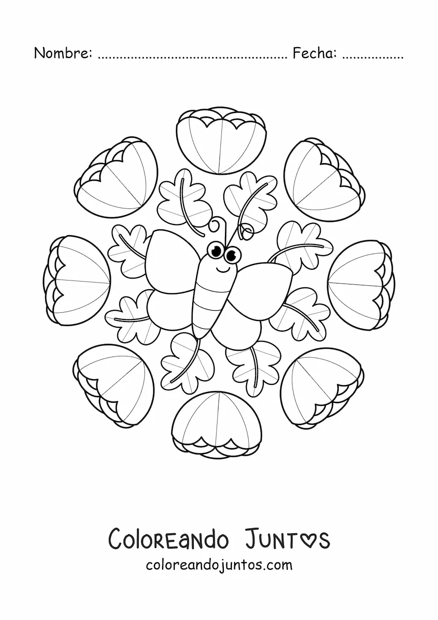 Imagen para colorear de mandala kawaii de mariposa y flores