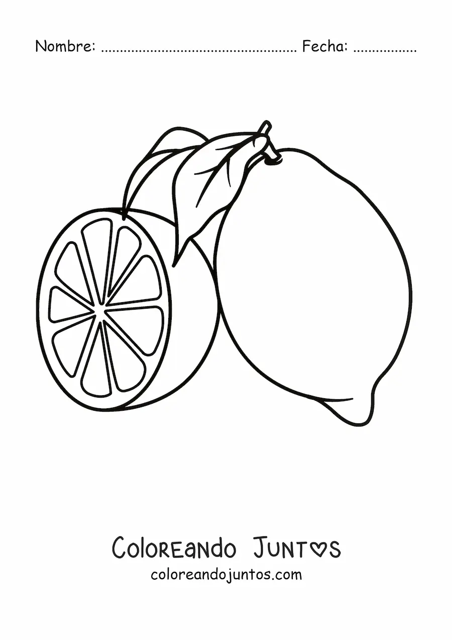 Imagen para colorear de un limón con hoja y medio limón