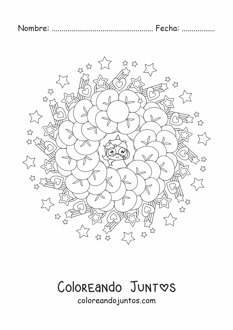 Imagen para colorear de mandala kawaii de unicornios con corazones y estrellas