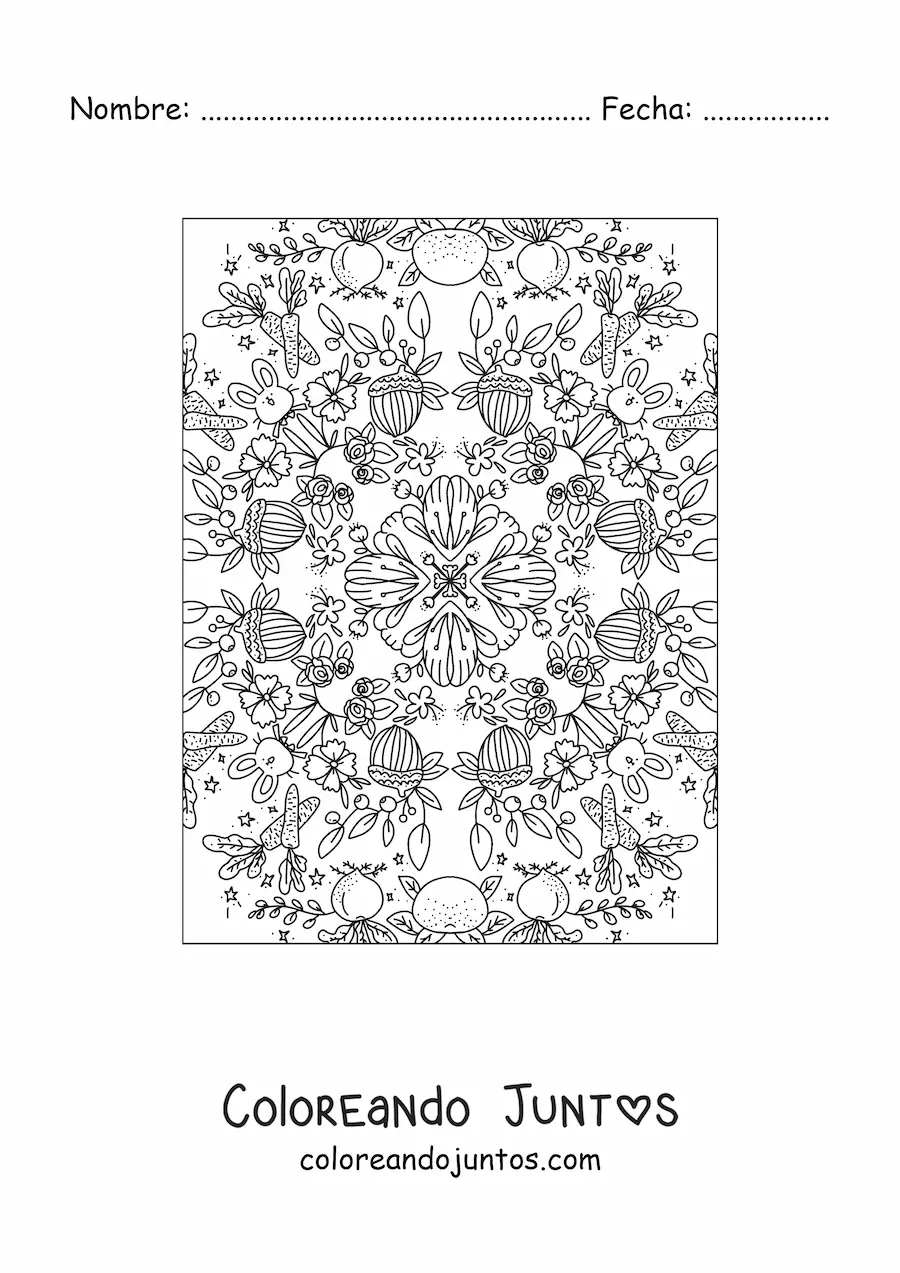 Imagen para colorear de mandala kawaii de flores y conejos