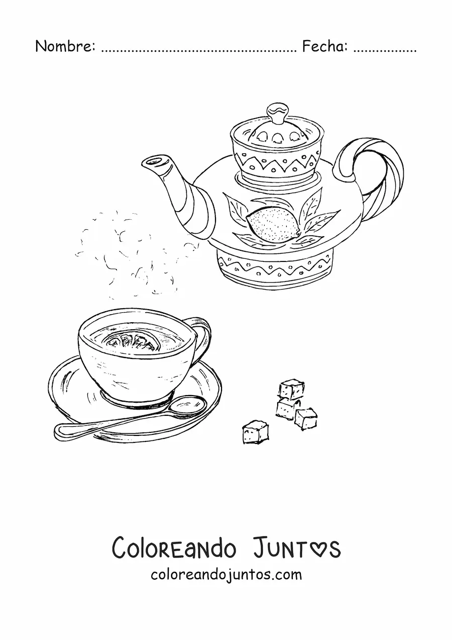 Imagen para colorear de una tetera con té de limón