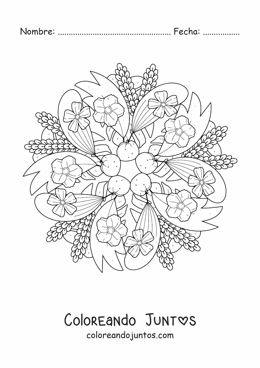 Imagen para colorear de mandala de flores y hojas fácil