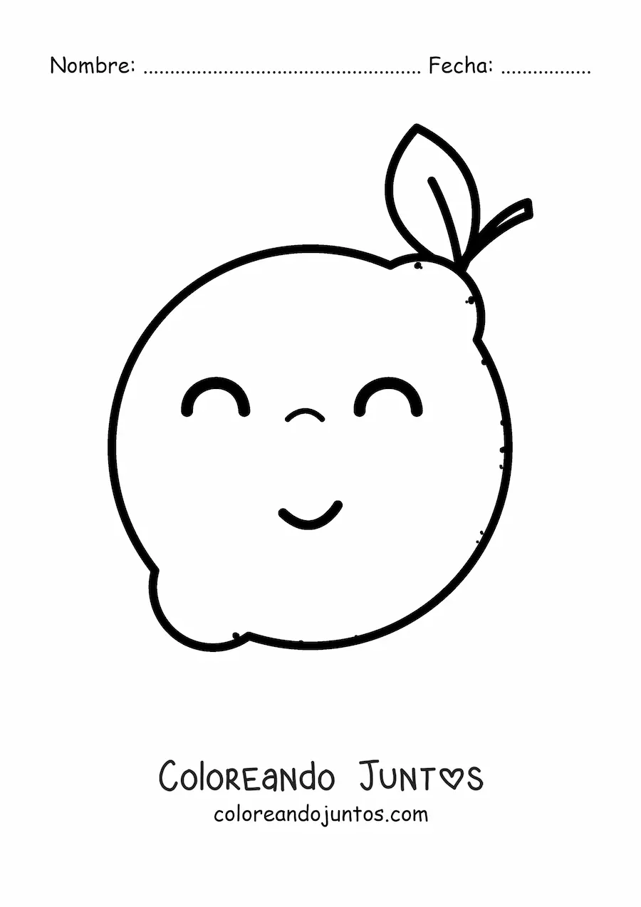Imagen para colorear de un limón kawaii con hoja sonriendo con ojos cerrados