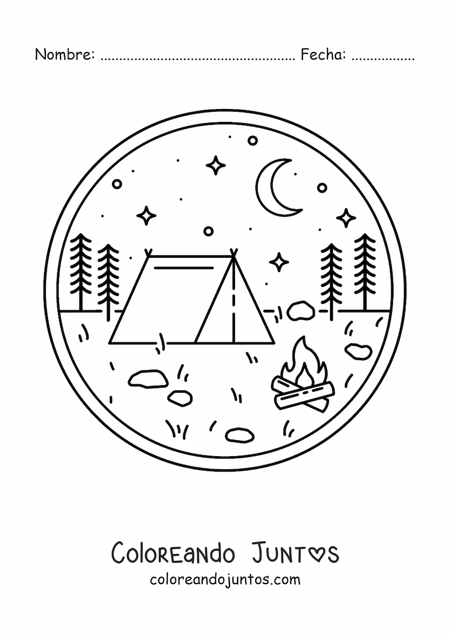 Imagen para colorear de una tienda de acampar y una hoguera en el bosque