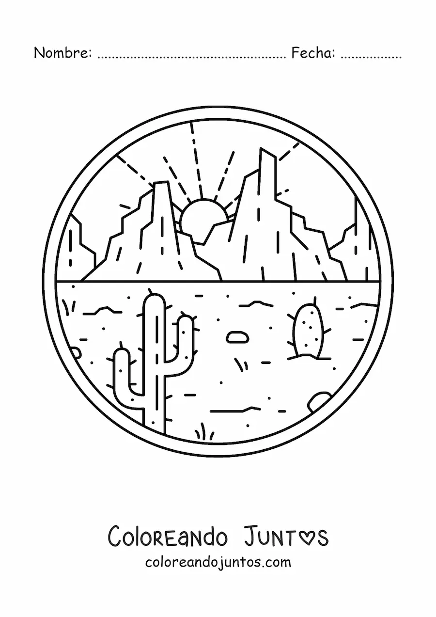 Imagen para colorear de paisaje del desierto con dos cactus y montañas al fondo