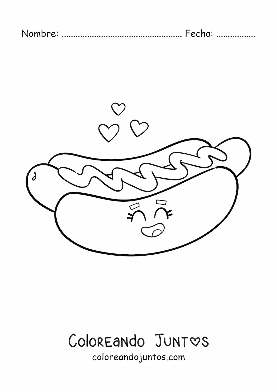 Imagen para colorear de hot dog kawaii animado con corazones
