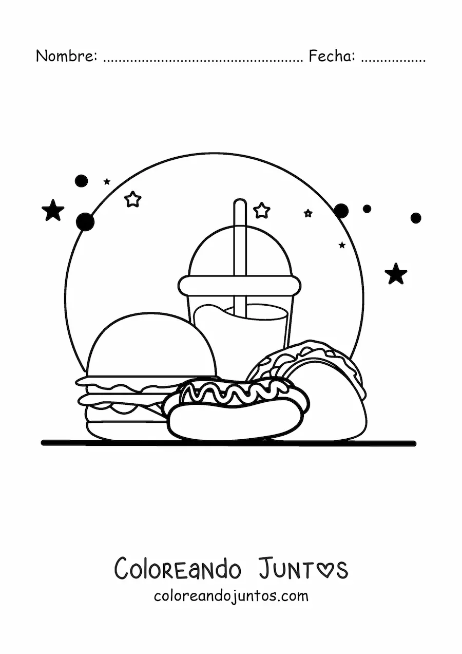 Imagen para colorear de hot dog con comida chatarra