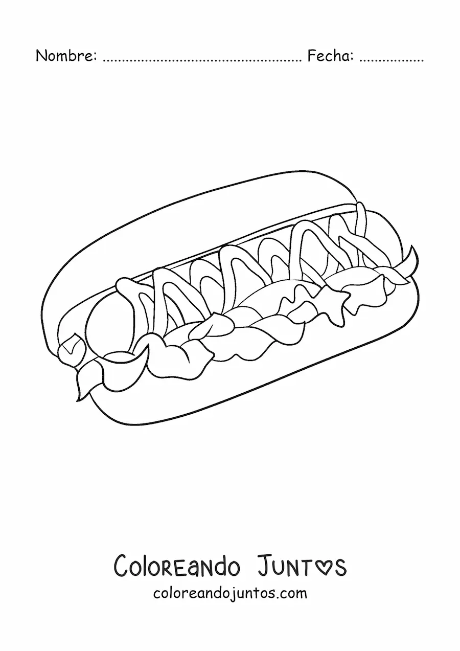 Imagen para colorear de hot dog con lechuga y salsas
