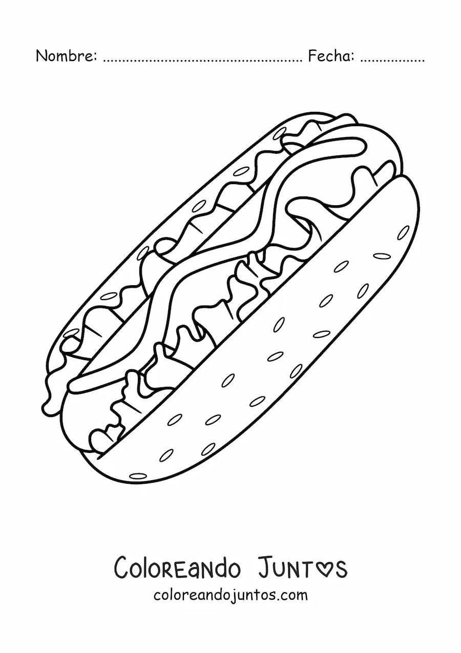 Imagen para colorear de hot dog grande con lechuga y salsa