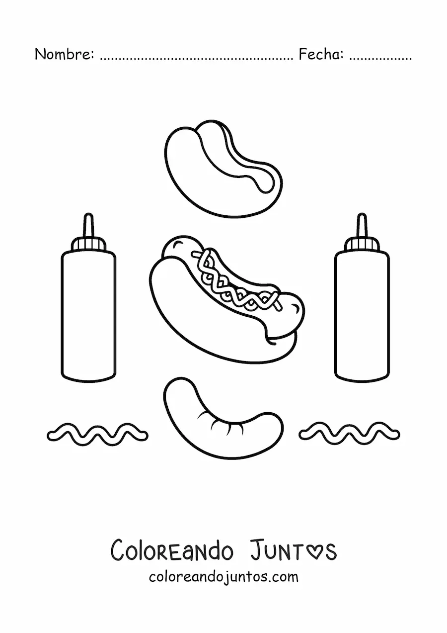 Imagen para colorear de hot dog con sus ingredientes alrededor