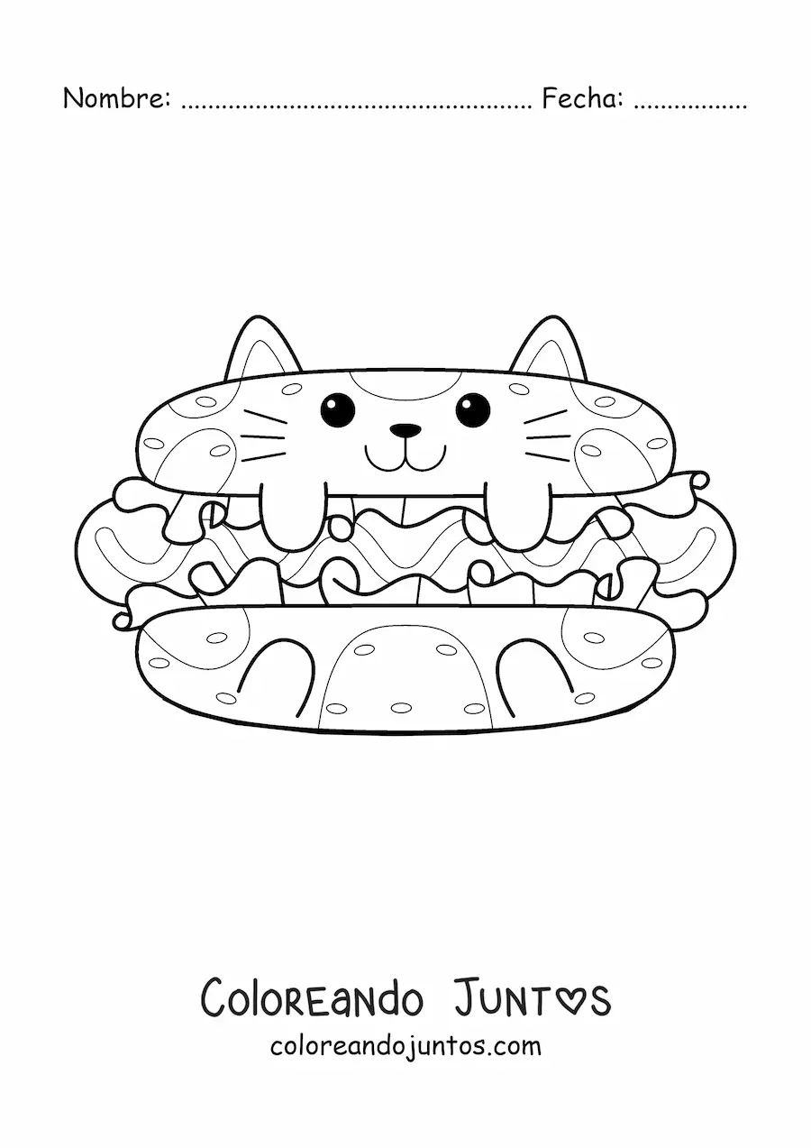 Imagen para colorear de hot dog con forma de gato animado kawaii