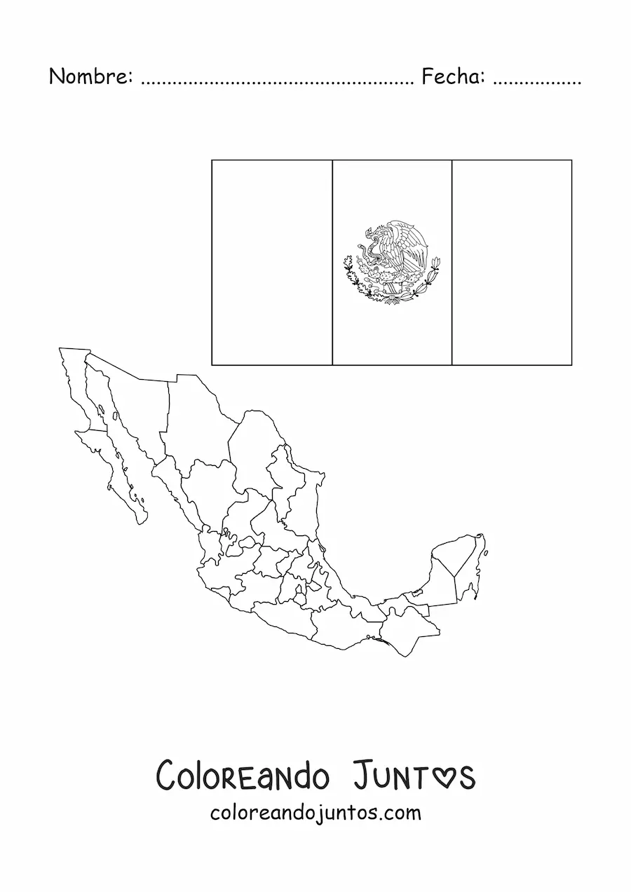 Imagen para colorear de la bandera de México con escudo junto a un mapa