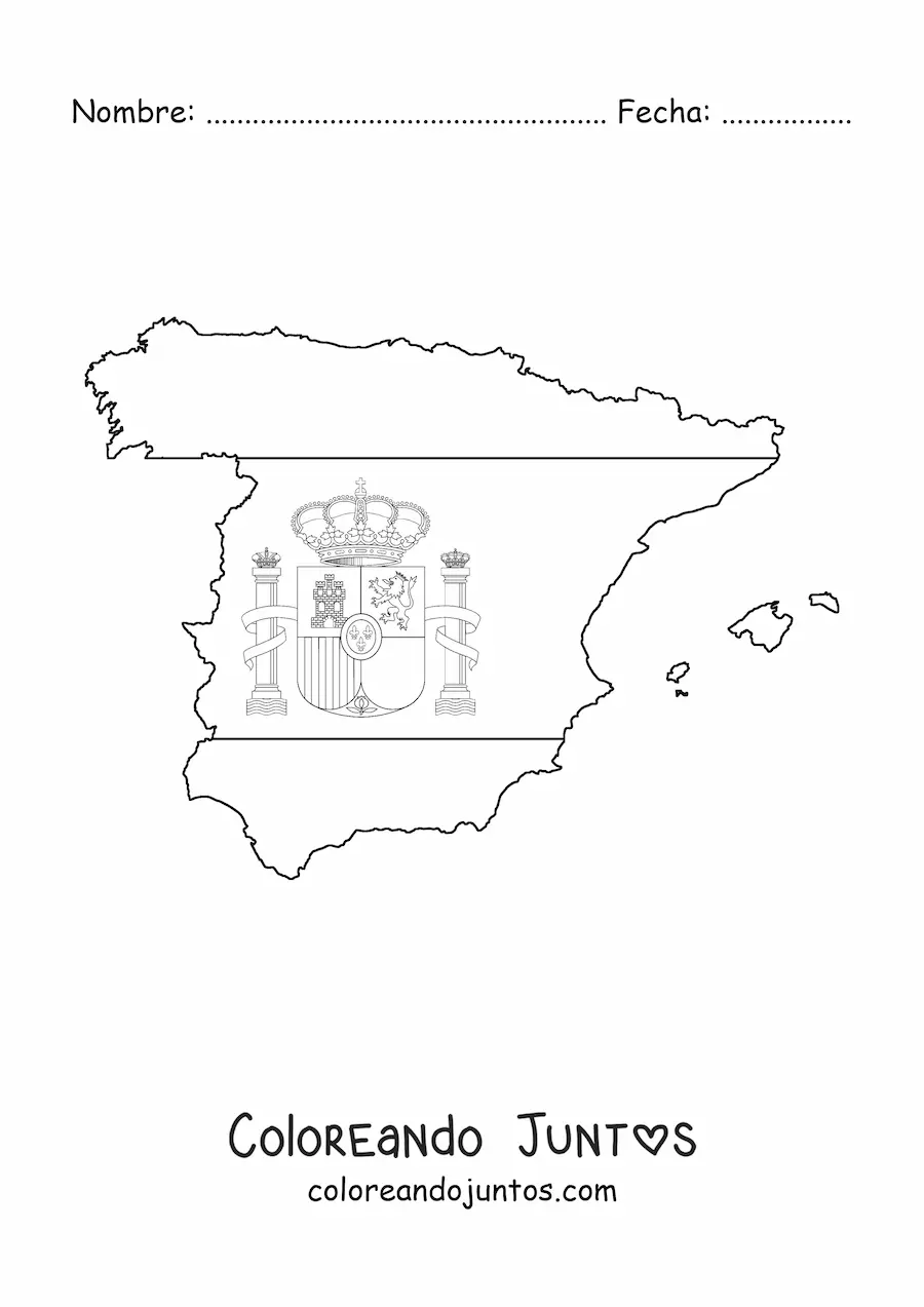 Imagen para colorear de la bandera de España con escudo encima de un mapa