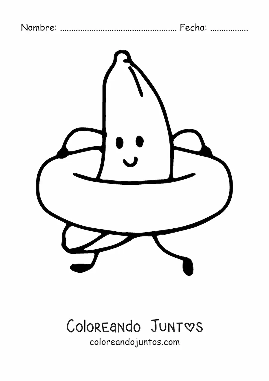 Imagen para colorear de una banana animada con un salvavidas playero