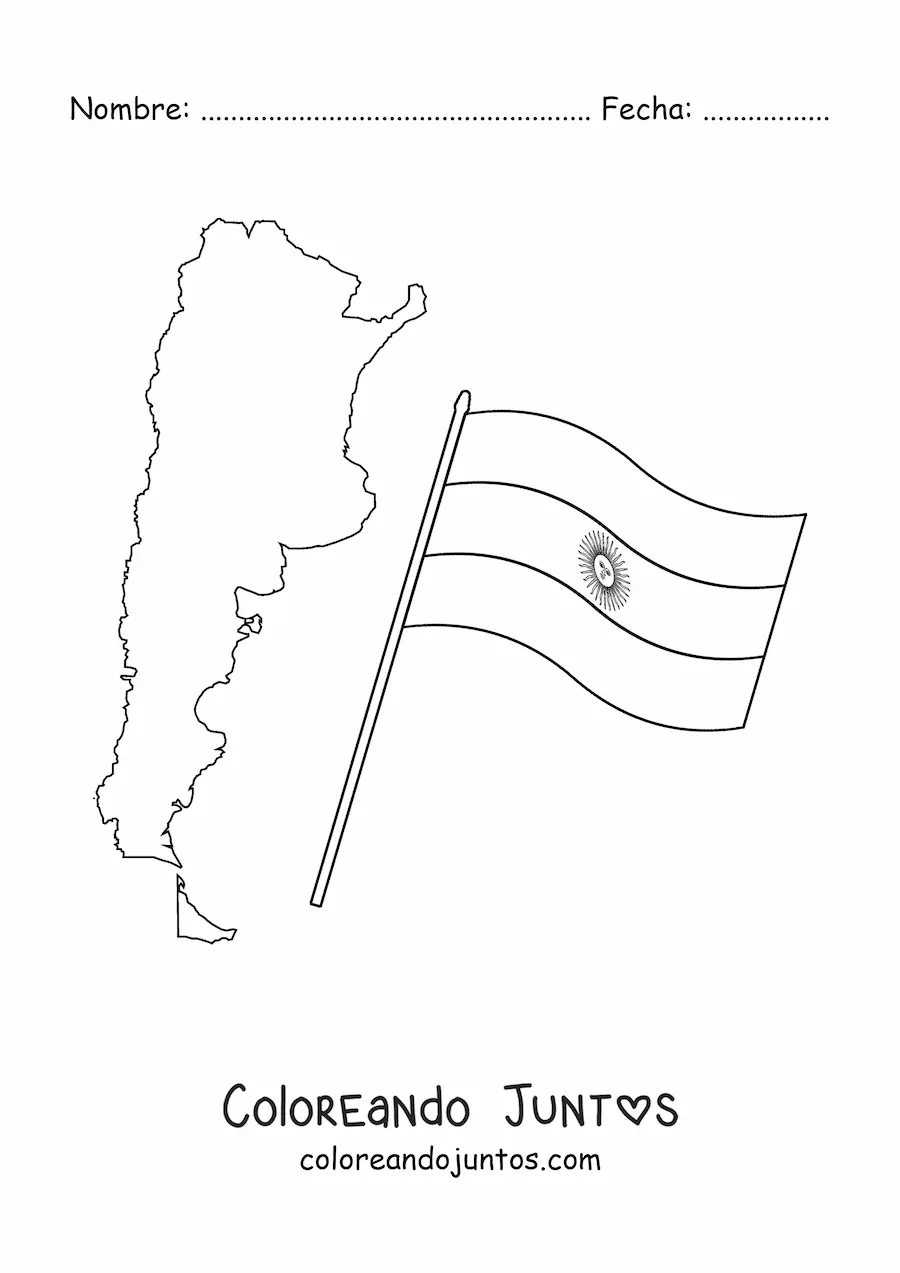 Imagen para colorear de la bandera de Argentina junto a un mapa