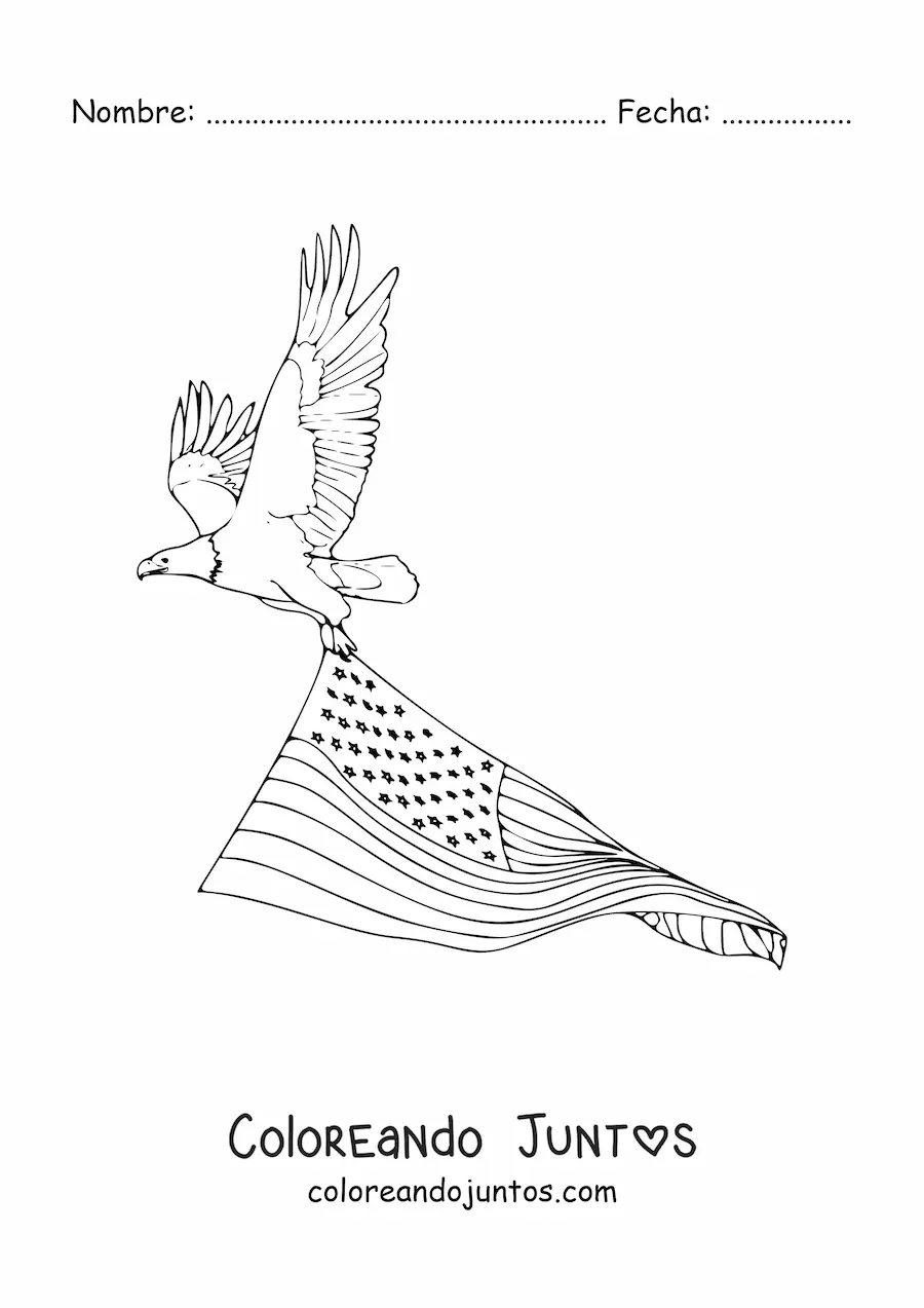 Imagen para colorear de un águila llevando la bandera de Estados Unidos