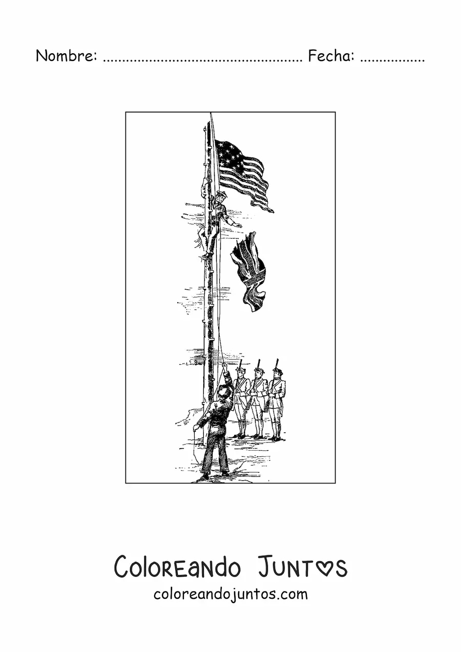 Imagen para colorear de los revolucionarios cambiando la bandera de Inglaterra por la de Estados Unidos